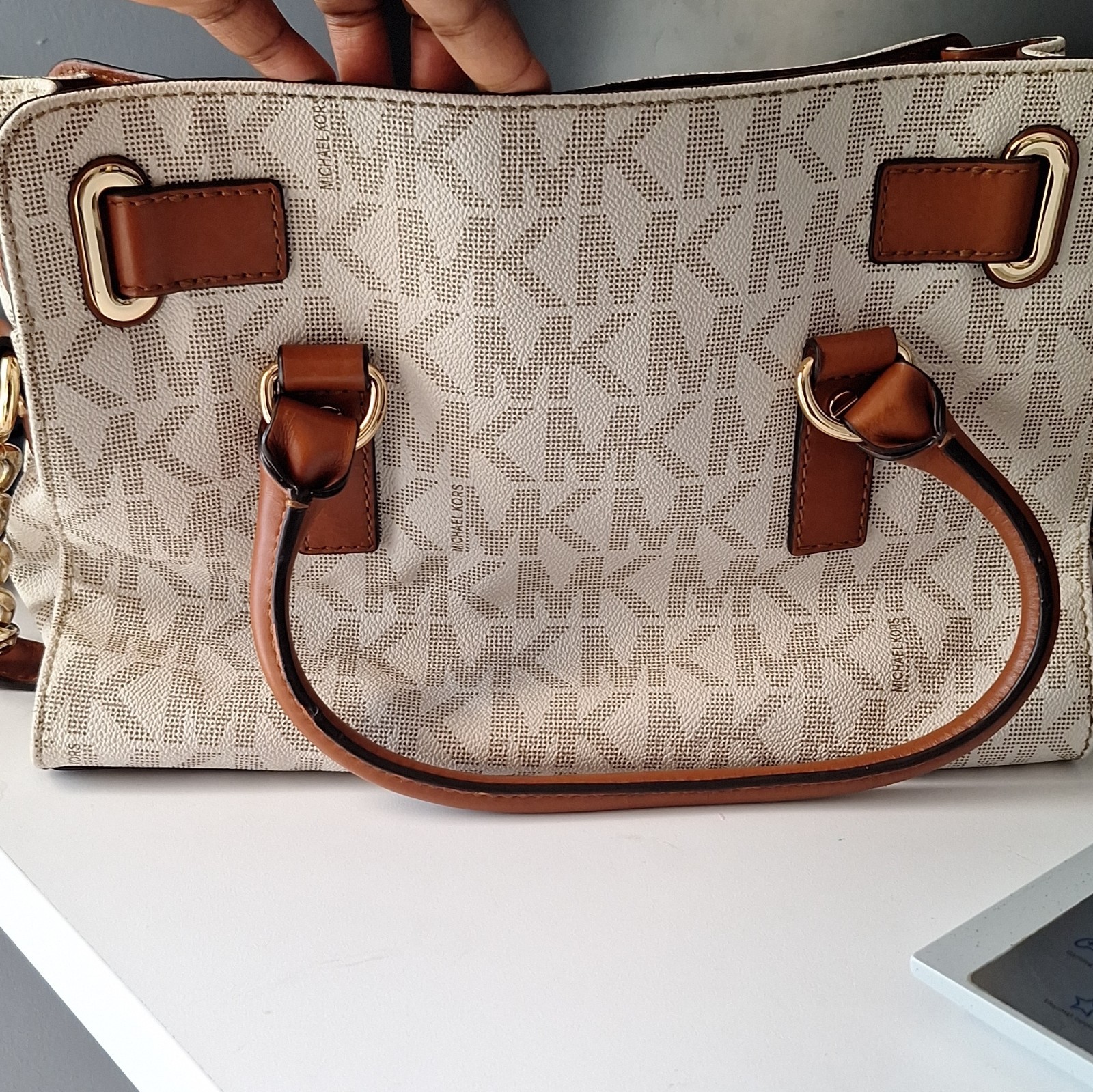 Michael Kors Logo Satchel Top Handle Bag Beige/Brown, Zip Closure, Gold Hardware