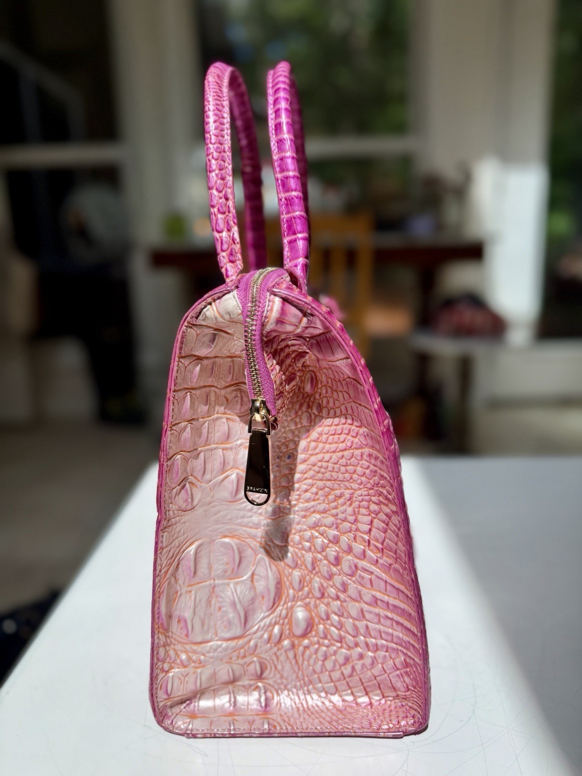 🩷🧡 Brahmin PEONY OMBRÉ CAROLINE leather satchel VGUC Beautiful!! RARE!