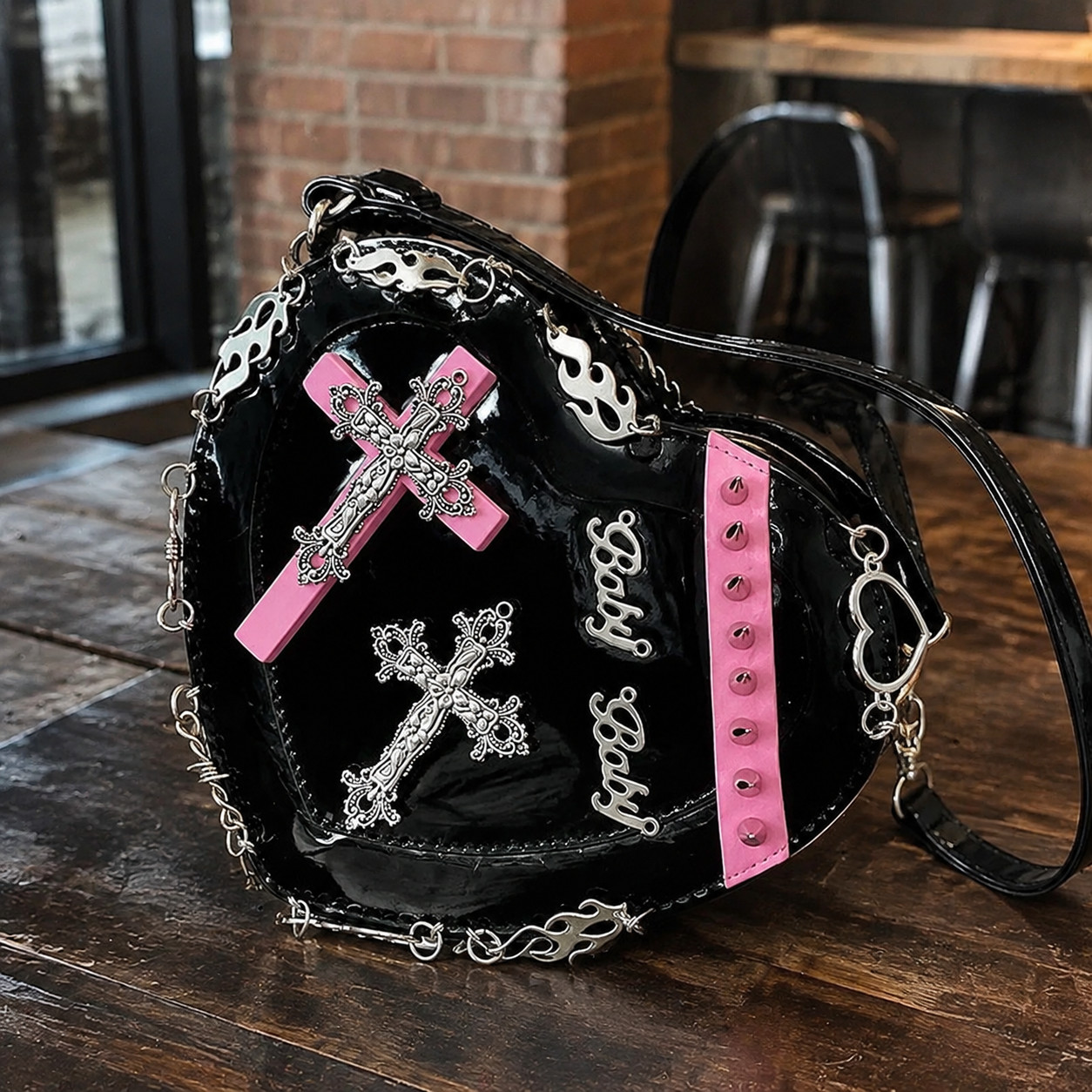 Y2K Gothic Heart Crossbody Bag Black Pink Studded Punk Women’s