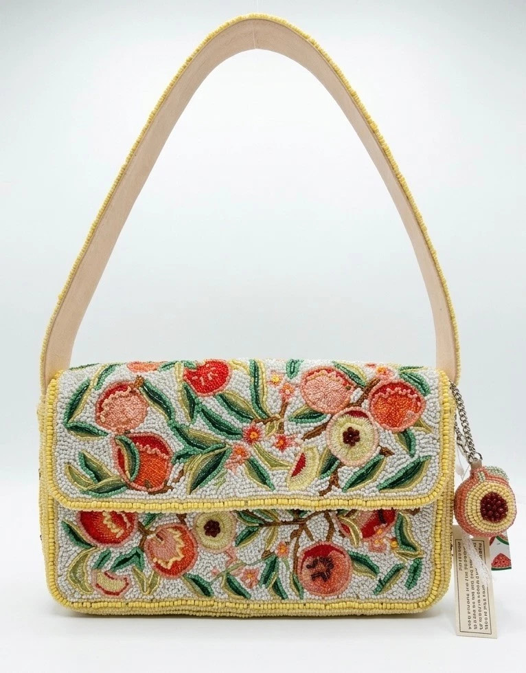 Viral Beaded Shoulder Bag Yellow With Fruit and Charm Handcrafted In India NWT
