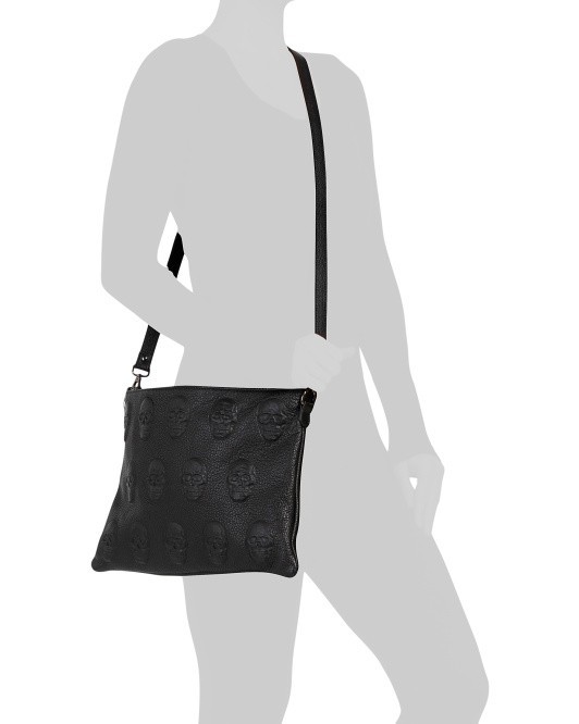 IO PELLE Black Italian Leather Embossed Skulls CROSSBODY Clutch Pouch 14×10 Goth