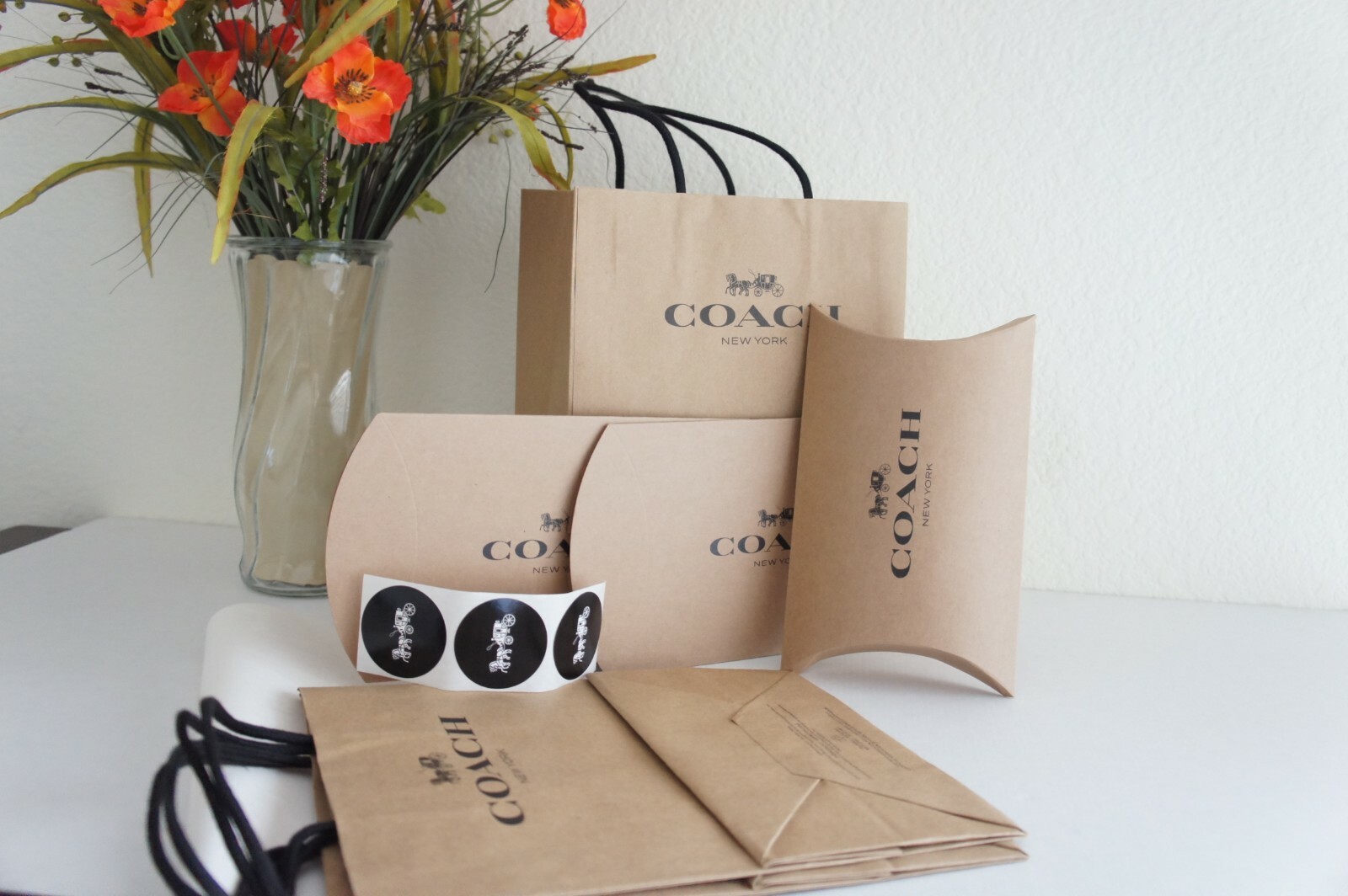 New 3 Coach Brown Pillow Boxes, 3 Coach paper bags, Tissue Paper & Stickers