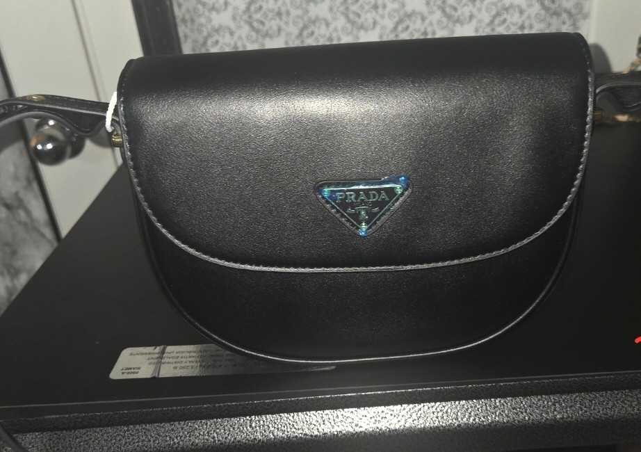 PRADA Black Solid Shoulder Bag Logo Accent Small Silver Hardware Dust Bag
