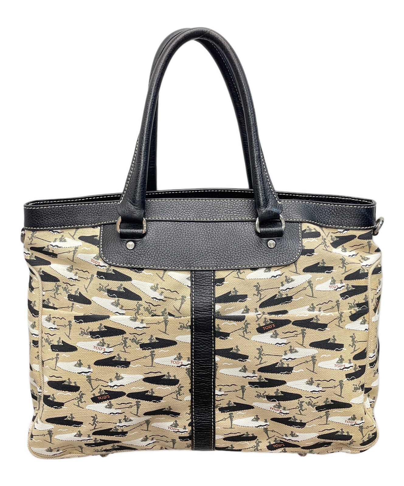 Tods Beige Canvas Leather Tote Boat Waterski Print Outer Pockets Sport Bag