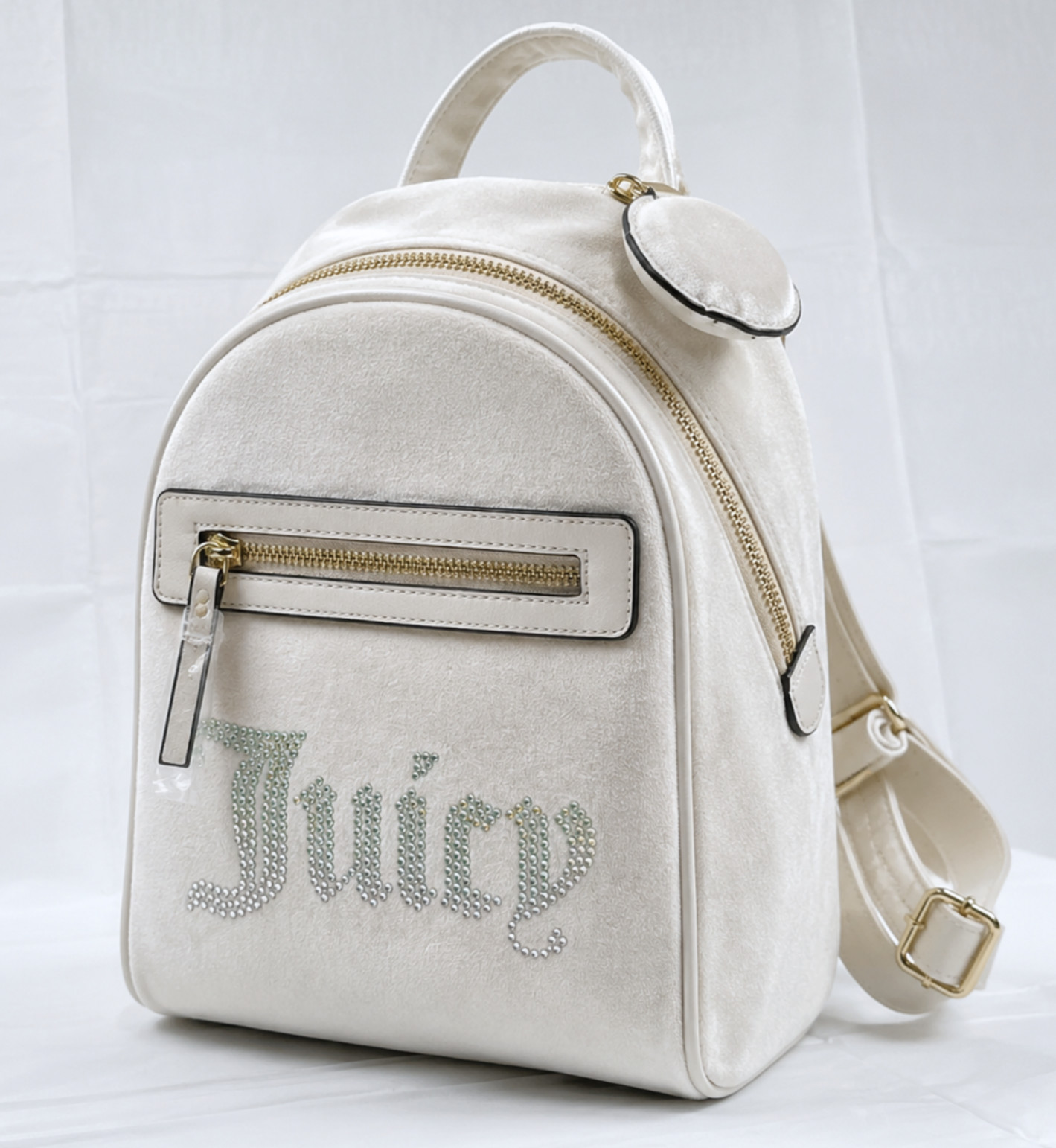 Juicy Couture Mini Backpack Ivory Velvet Rhinestone Logo Gold Hardware NWT