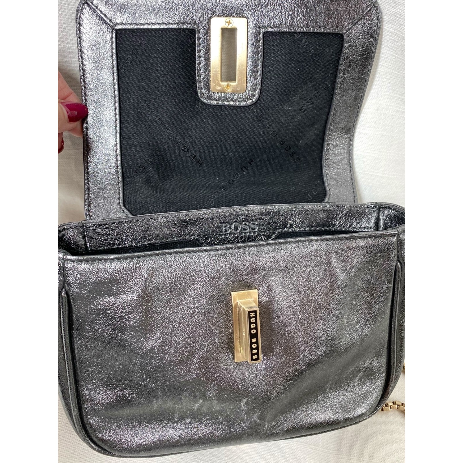 Hugo Boss Metallic Pewter Mini Shoulder Bag Crossbody Chain Strap Minimalist