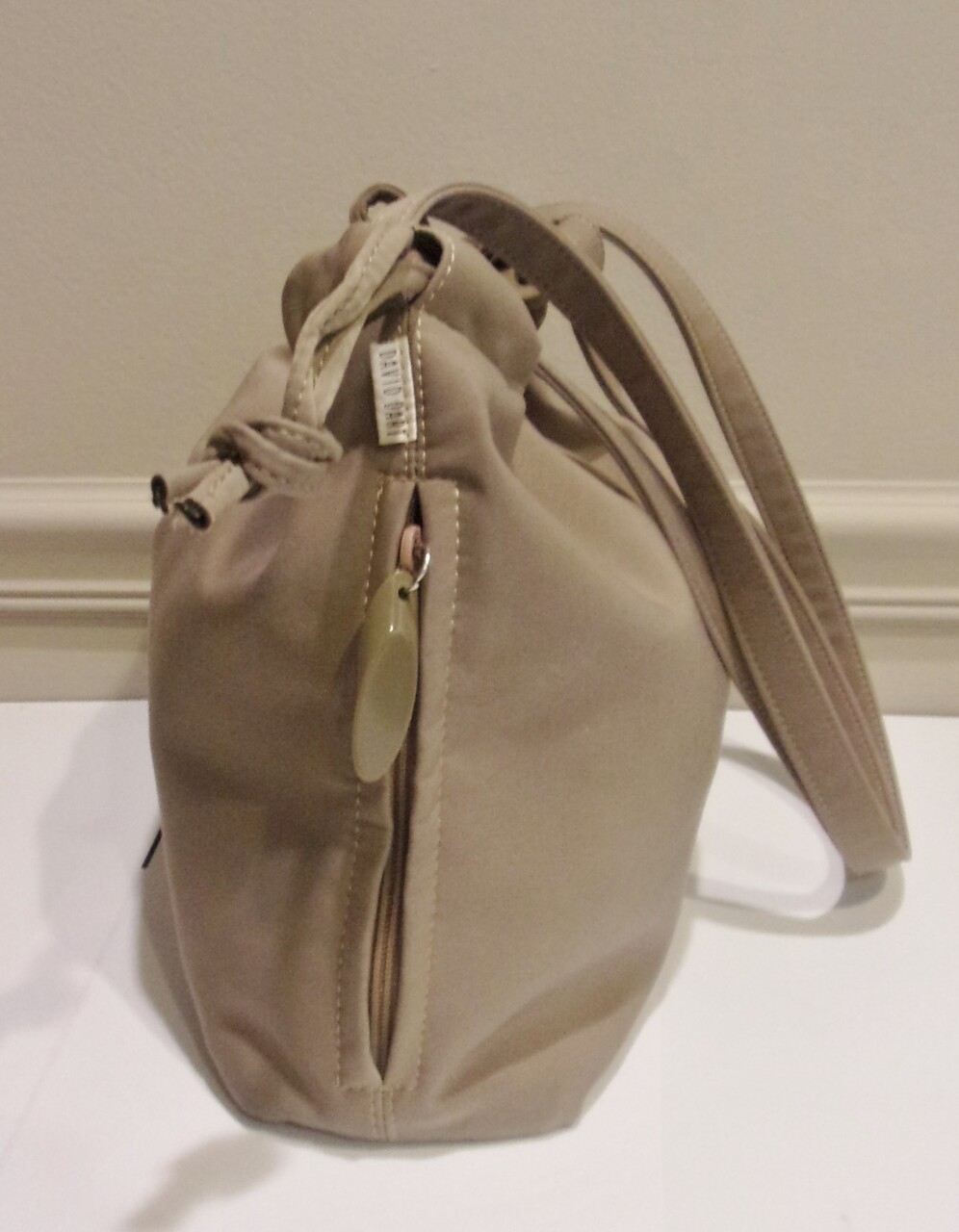 Vtg David Dart Khaki Tan Heavy Nylon Canvas, Lucite Accents Drawstring Sh. Bag