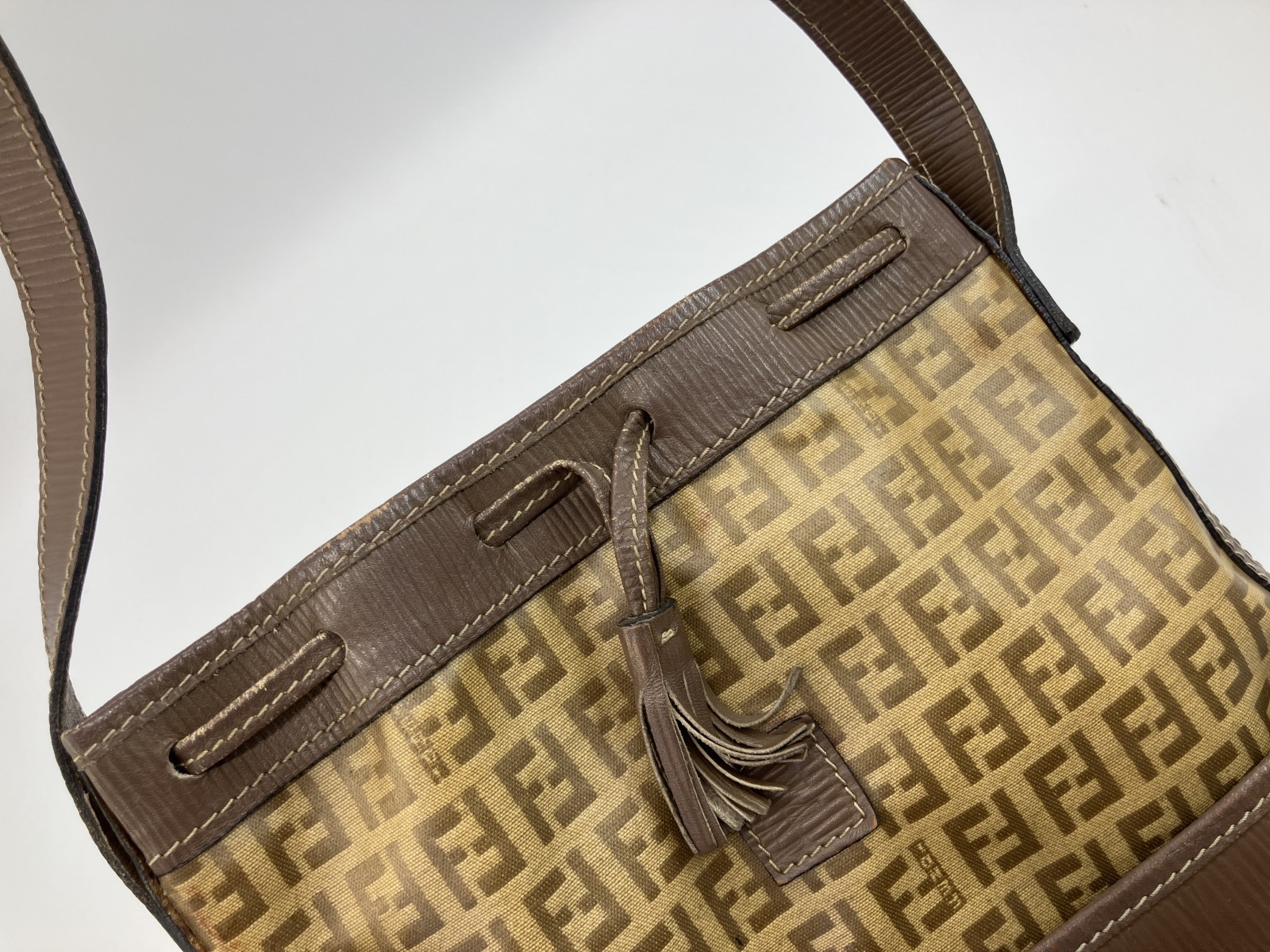 FENDI Zucca PVC Leather Drawstring Bucket Shoulder Bag Vintage Italy
