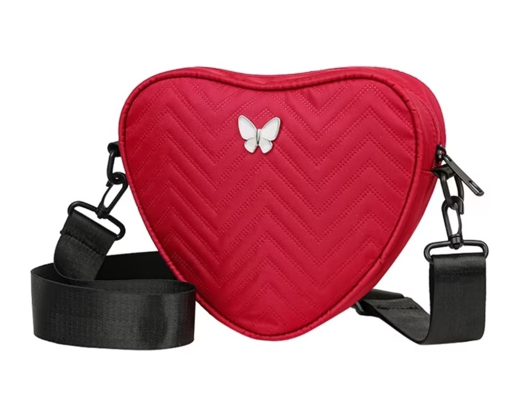 Heart Shape Red Quilted Crossbody Bag w/48″ Black Strap, 8.6″ x 7″ x 2″