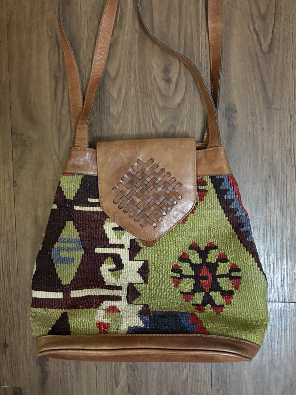 Kilim ART Multicolor Geometric Leather Trim Long Double Handles Bag