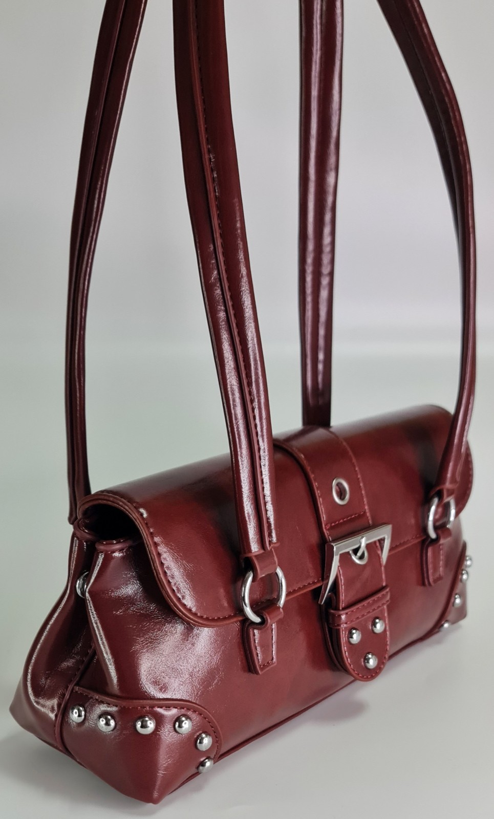 Burgundy Patent Look Shoulder Bag Silver Stud Buckle East West Baguette Purse Ne