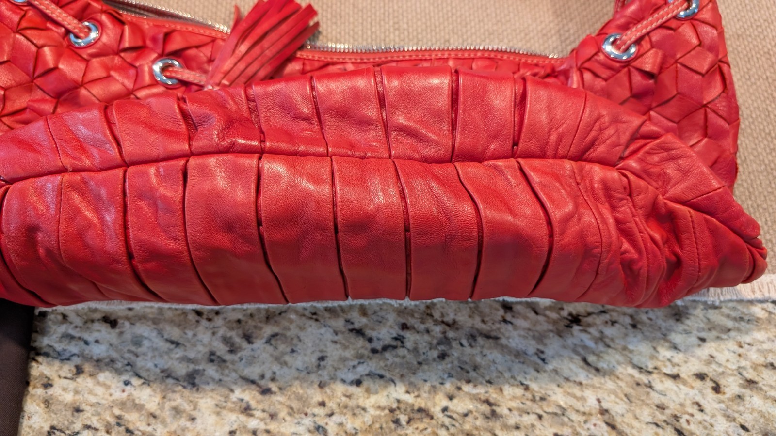Rafe New York Red Leather Braided Hobo Style Handbag With Dust Bag