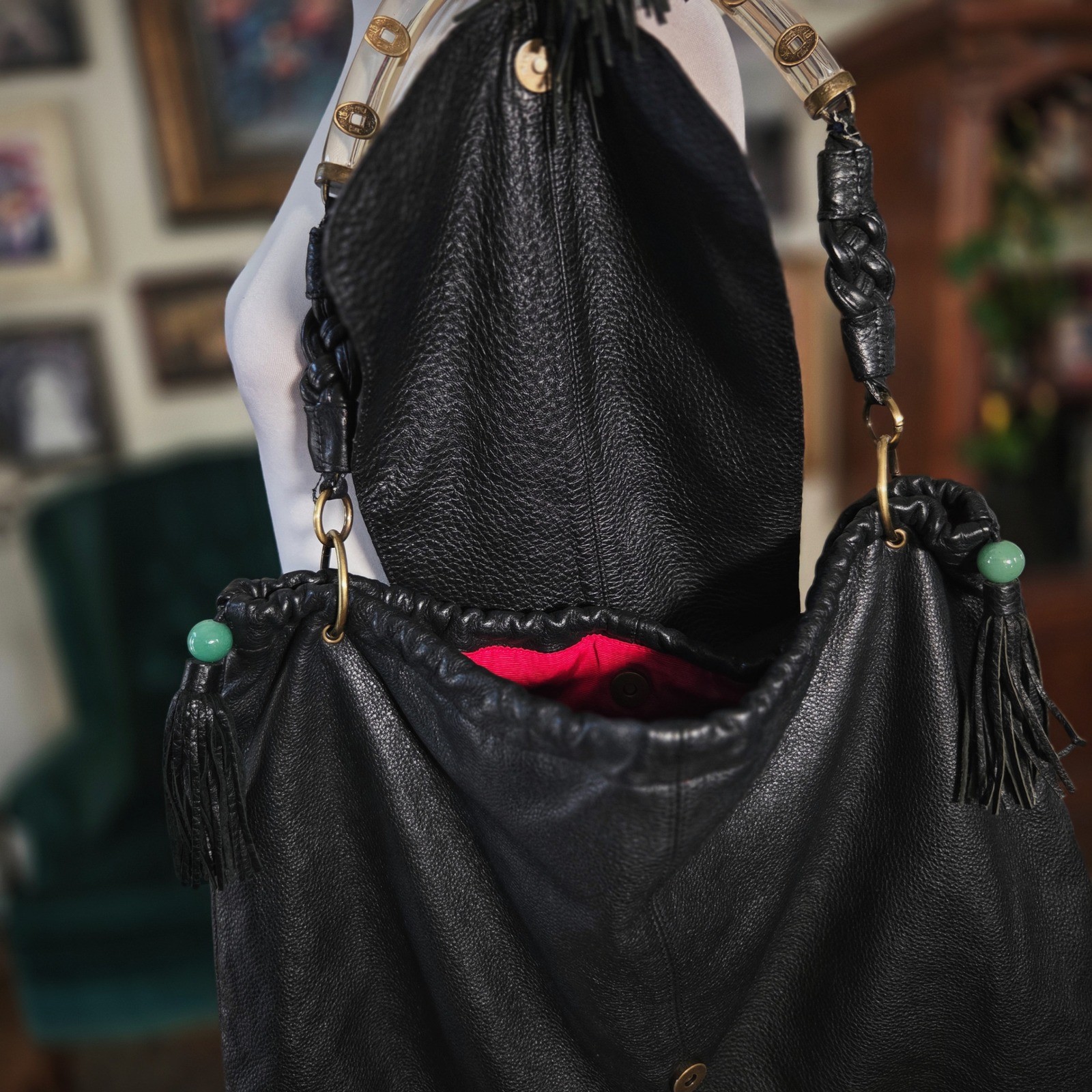 Shanghai Tang Leather Hobo Bag Black Vintage Y2K Acrylic Coin Handle Tassel