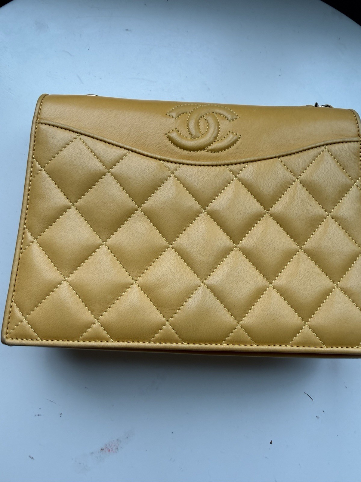 CHANEL Vintage 1990s Quilted Lambskin Envelope Flap Shoulder Bag Mustard Yellow