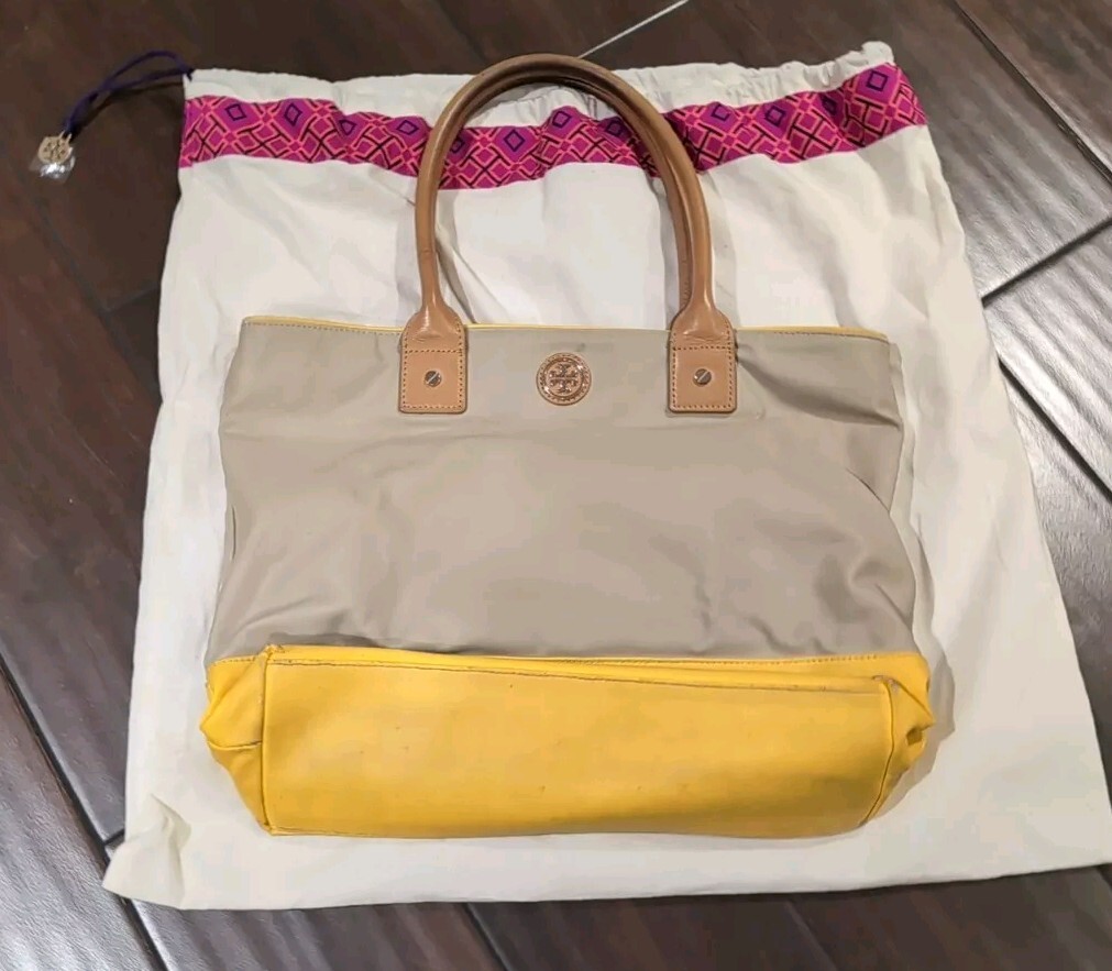 Tory Burch Handbag Shoulder Tote Bag Yellow And Gray Medium 2 Handles W/Dust Bag