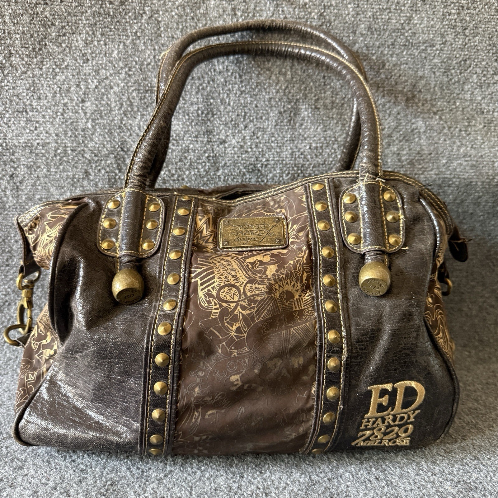 Y2k Ed Hardy 7820 Melrose Brown Studded Satchel Top Handle Bag Graphic Print