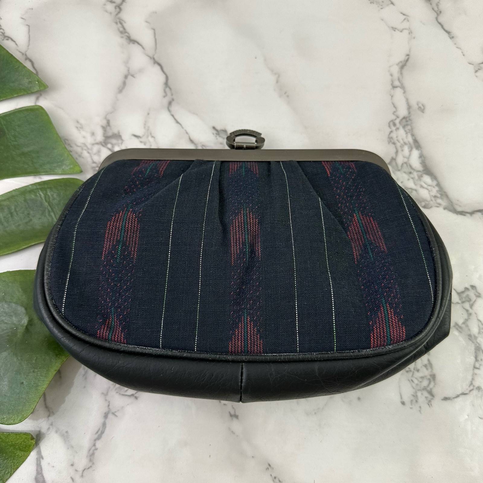 Vintage 90s Clutch Bag Purse Navy Blue Red Stripe Fabric Silver Frame Small