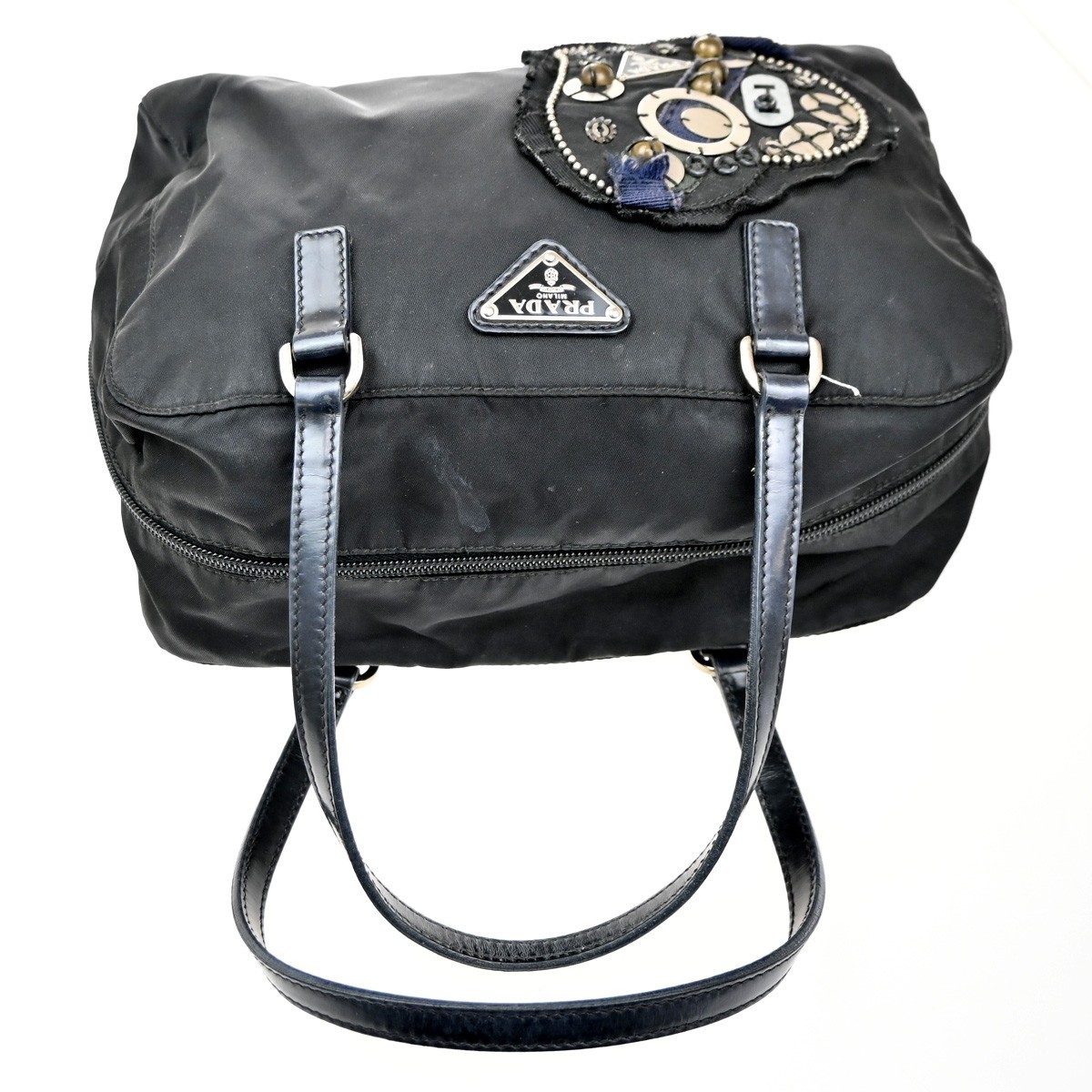 PRADA MILANO Logo Tessuto Hand Bag Nylon Leather Black SHW Italy 33CA503