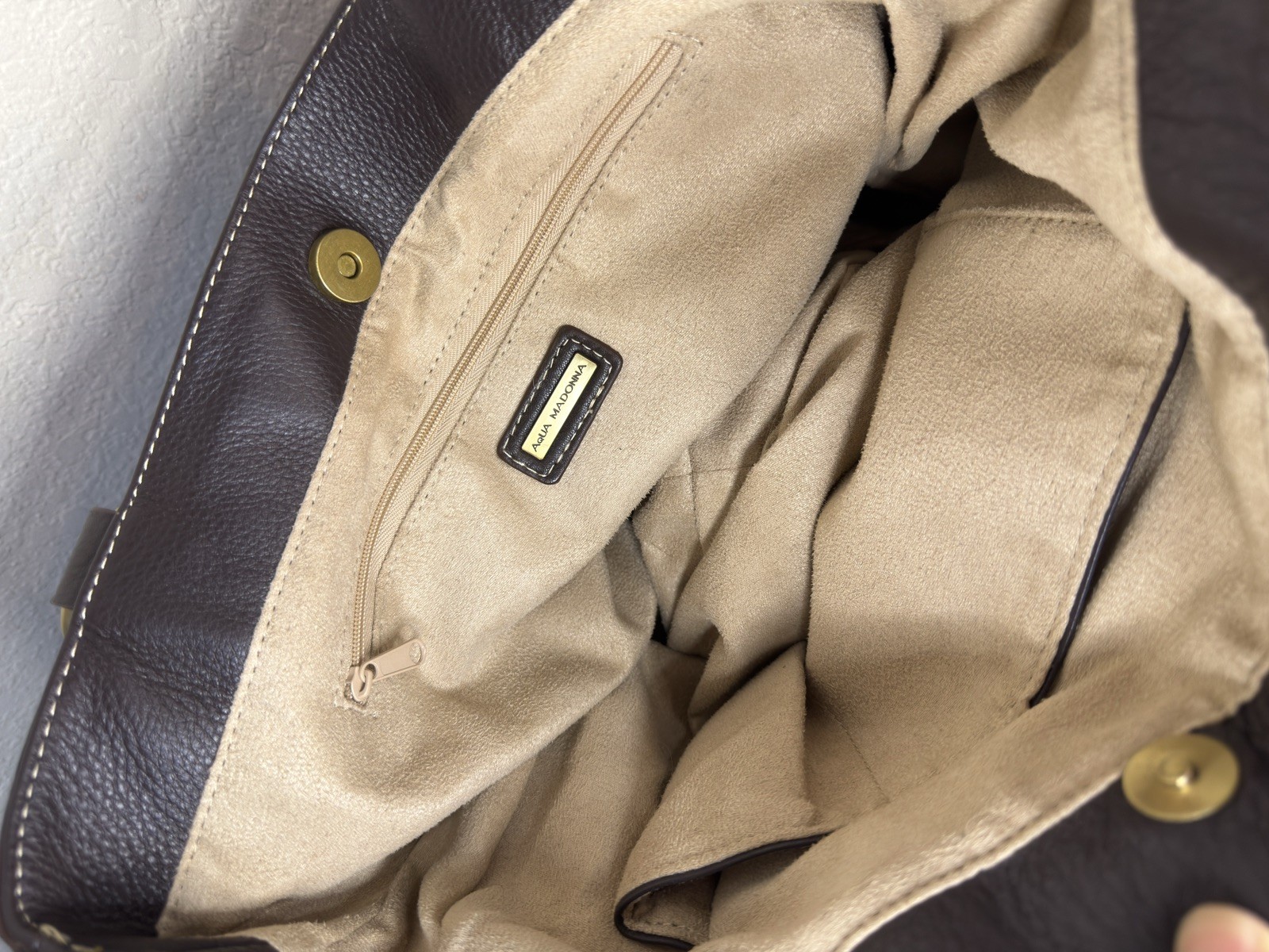 Leather and Calf Hide Purse by Aqua Madonna in Brown with Brass Color Finishings