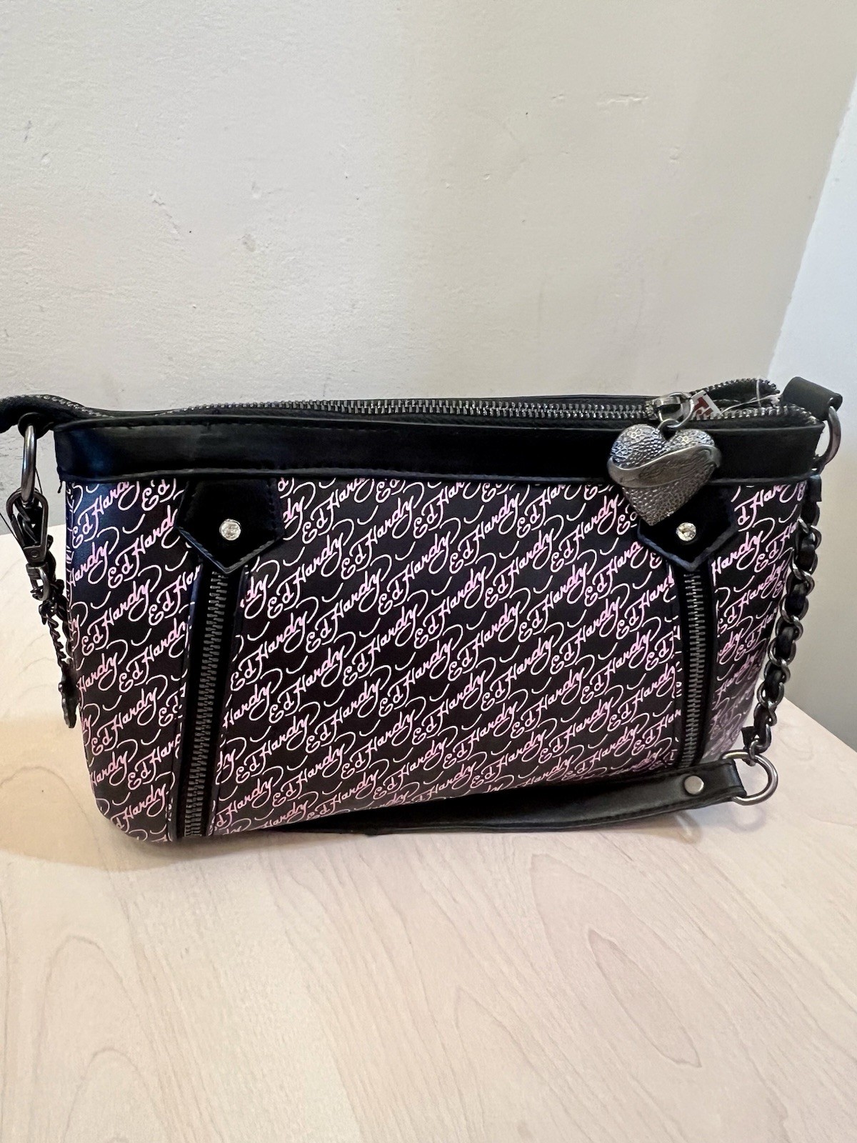 NEW ED HARDY RHINESTONE SKULL AND FLAME EMBELLISHED SHOULDER BAG