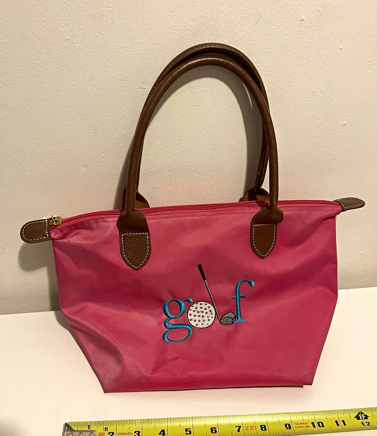 Pink Golf Embroidered Tote Handbag Zip Top Brown Double Handles Gold Charm