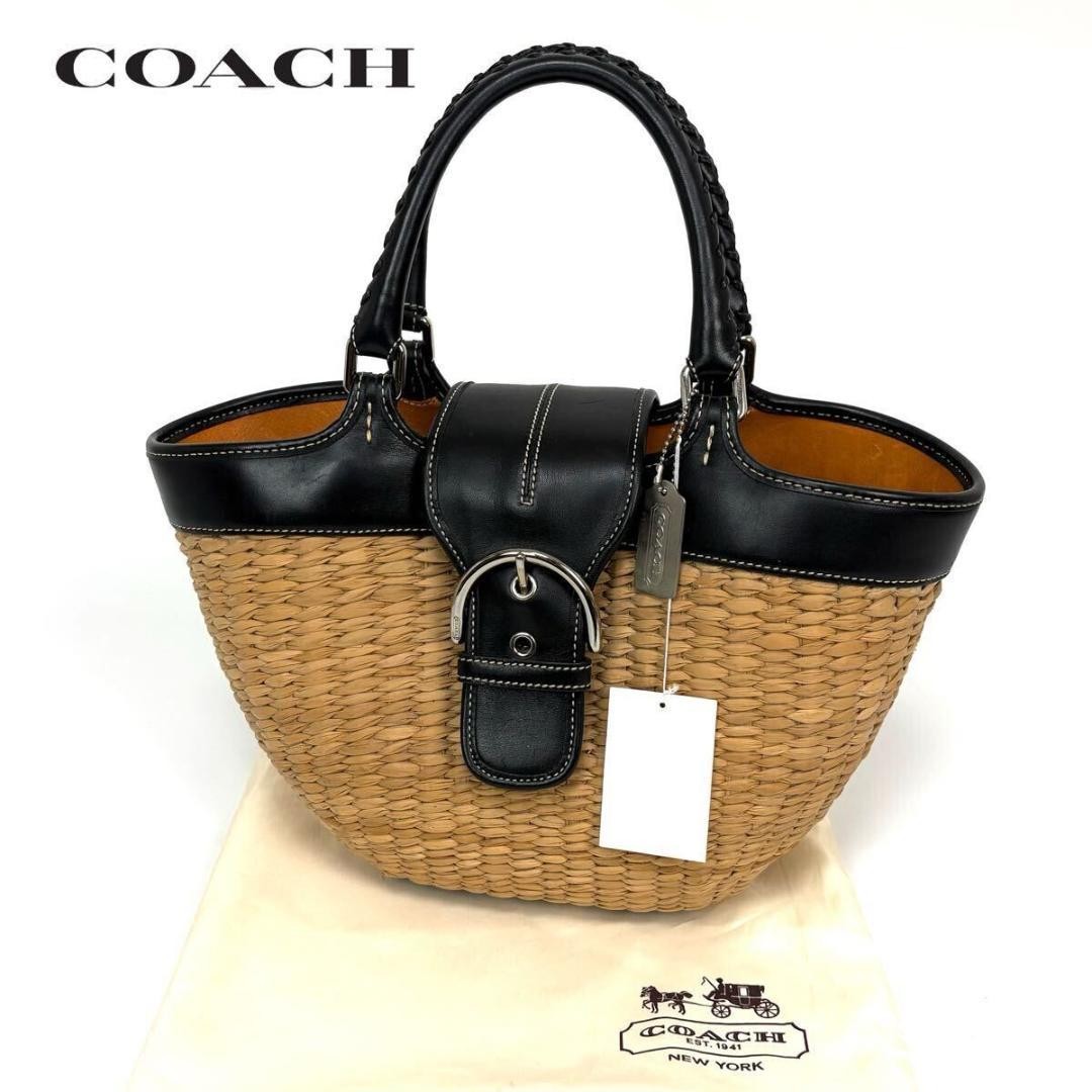 COACH Straw Leather Basket Handbag Camel Black Woven Handle Authentic From JP