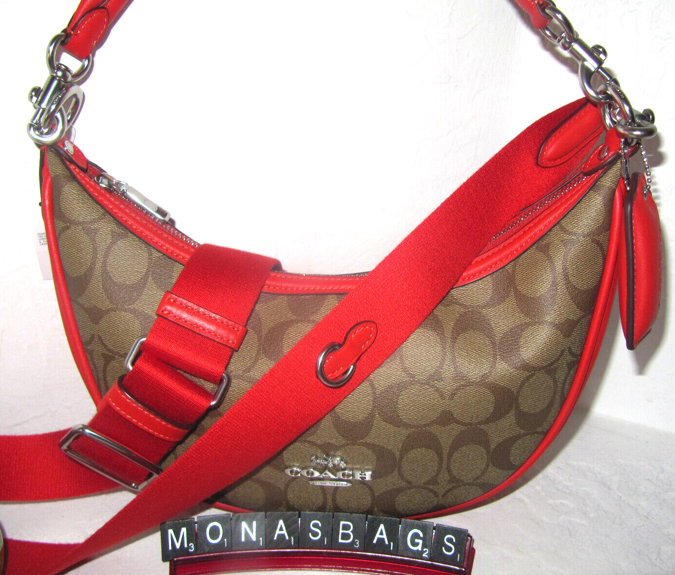 Coach CR283 Aria Shoulder Bag Crossbody Khaki Signature Miami Red Leather NWT