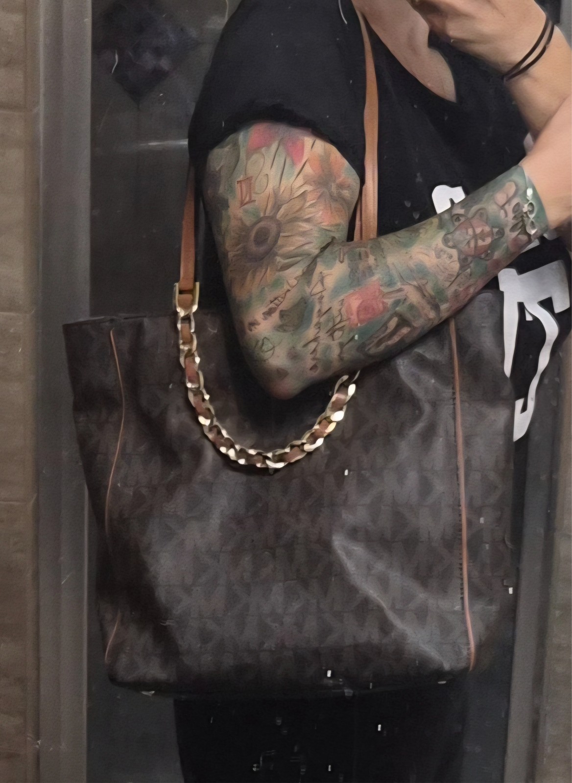 Michael Kors Handbag Brown Signature Harper Large Tote Logo Gold Chain East West