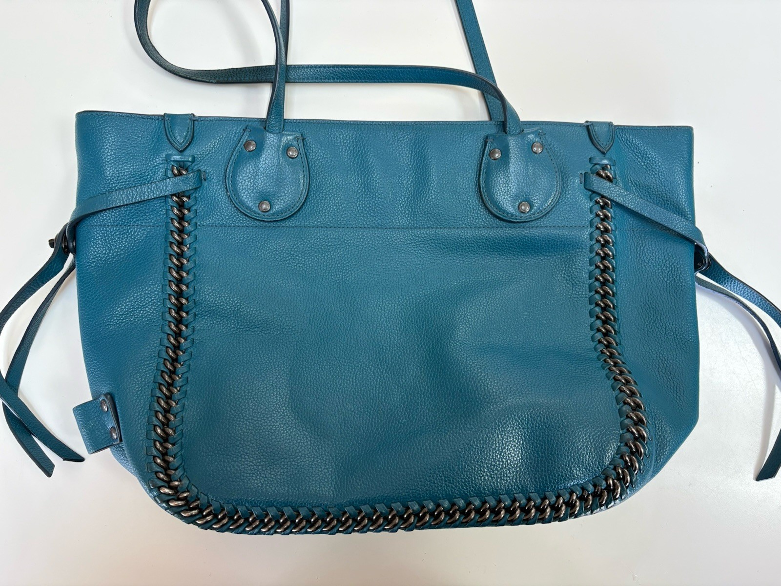 COACH Turquoise Tatem Whiplash Leather Tote Bag Purse Chain Accent Key Chain Fob