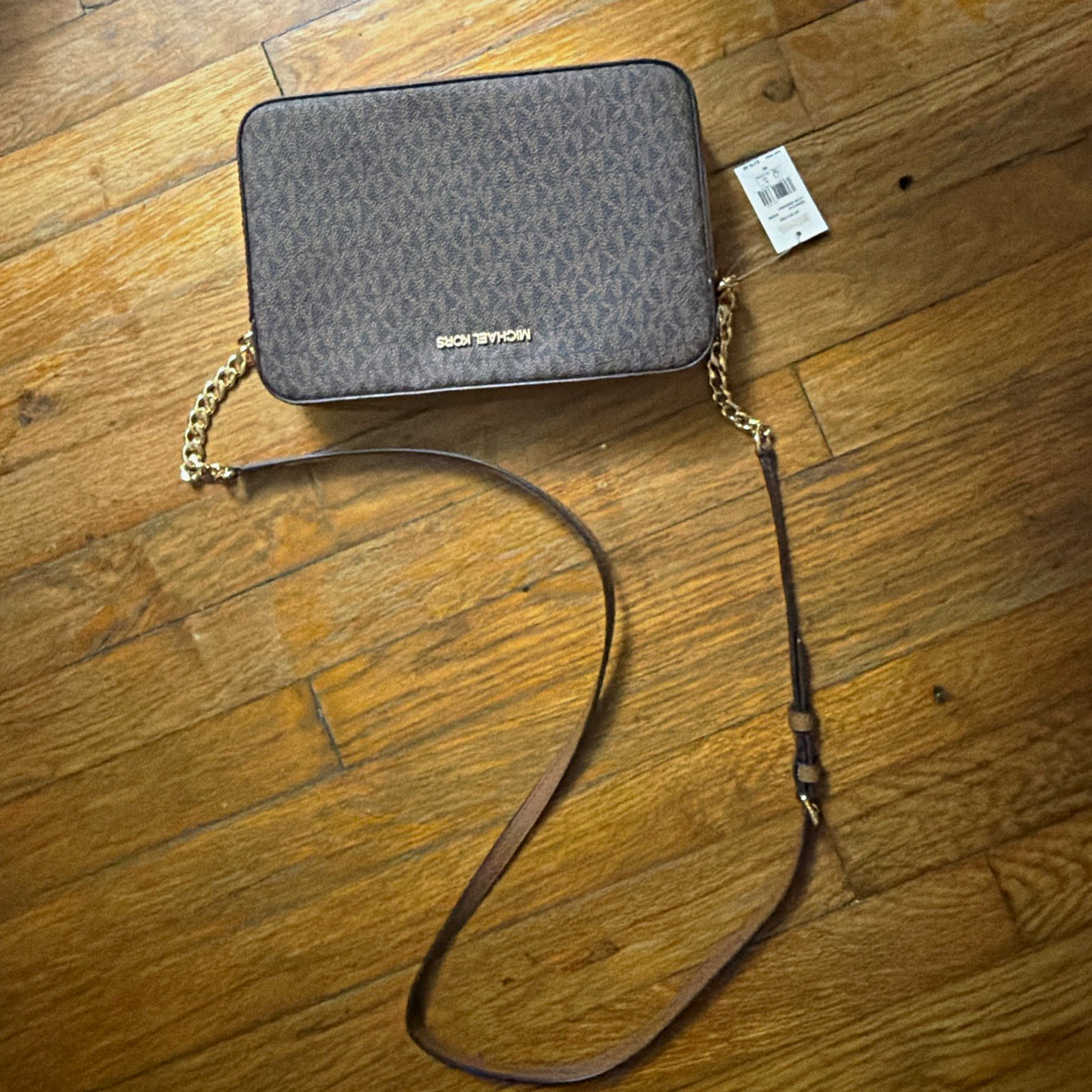 Michael Kors Jet Set Brown Logo Small Crossbody Zip Gold Chain Detachable Strap