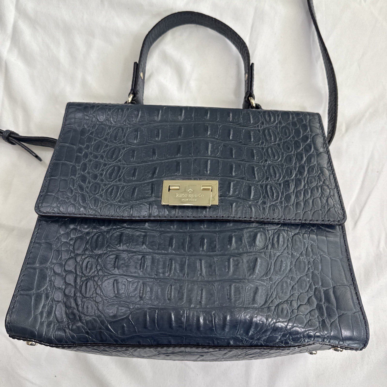 Kate Spade Rich Navy Blue Sapphire ORCHARD VALLEY Doris Croc Leather Satchel