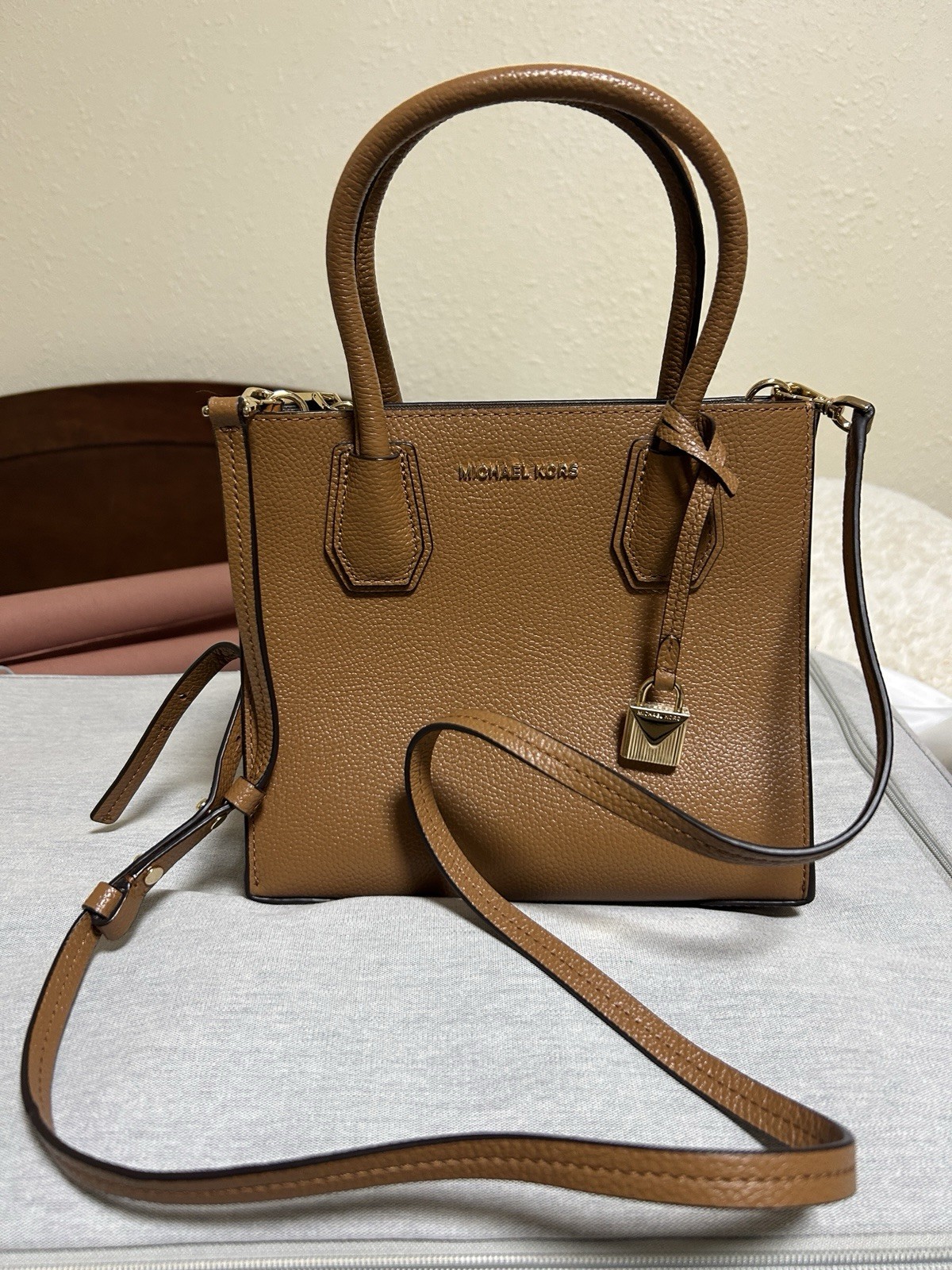 Michael Kors Mercer Small Pebbled Leather Satchel Crossbody Bag Acorn Brown