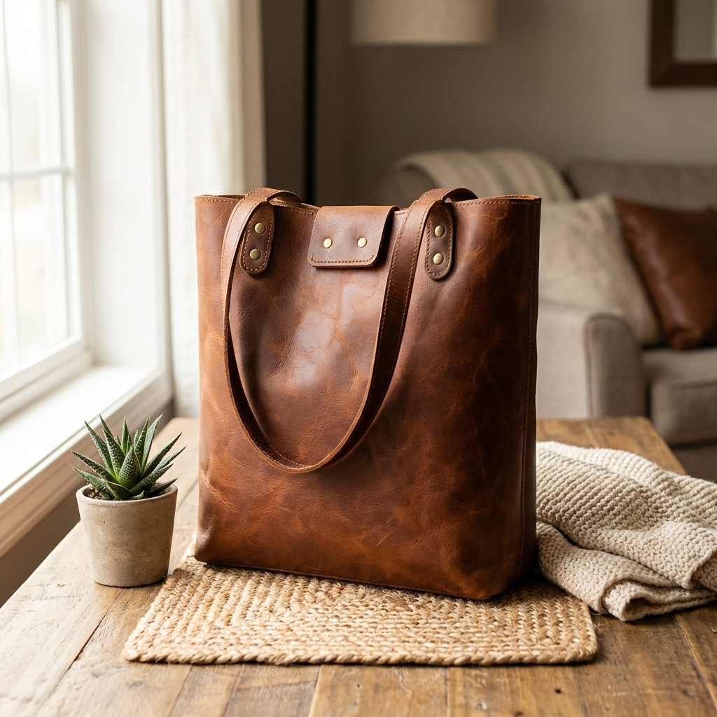 Minimalist Leather Tote Bag, Everyday Shoulder Bag, Handmade Full Grain Leather