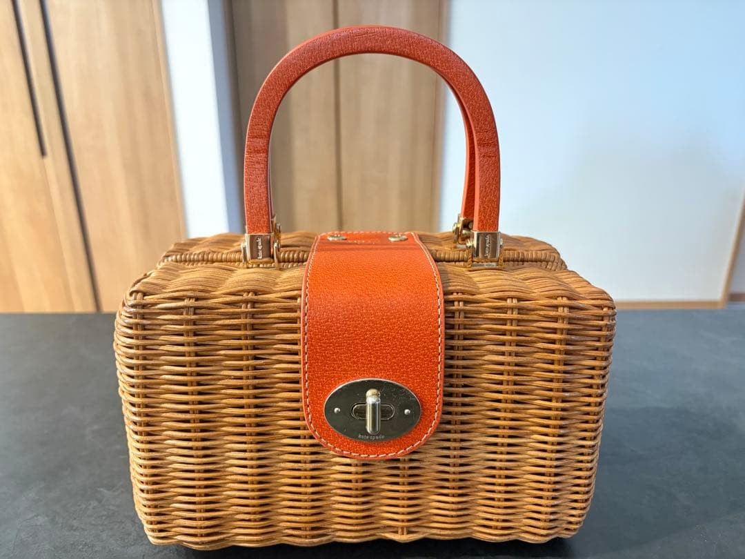 Kate Spade New York Wicker Leather Top Handle Basket Bag Brown Orange Japan