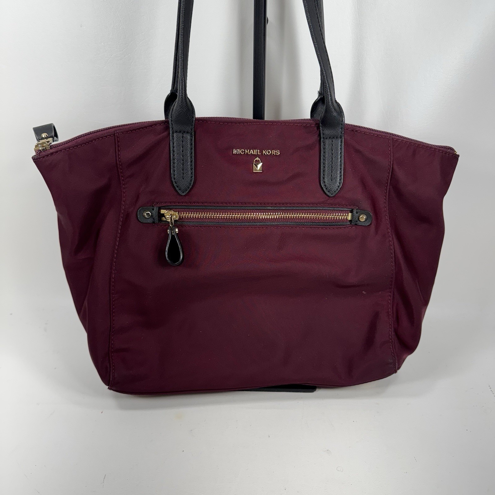 Michael Kors Maroon Nylon Kelsey Tote Bag Gold Hardware Zip Top Shoulder Bag