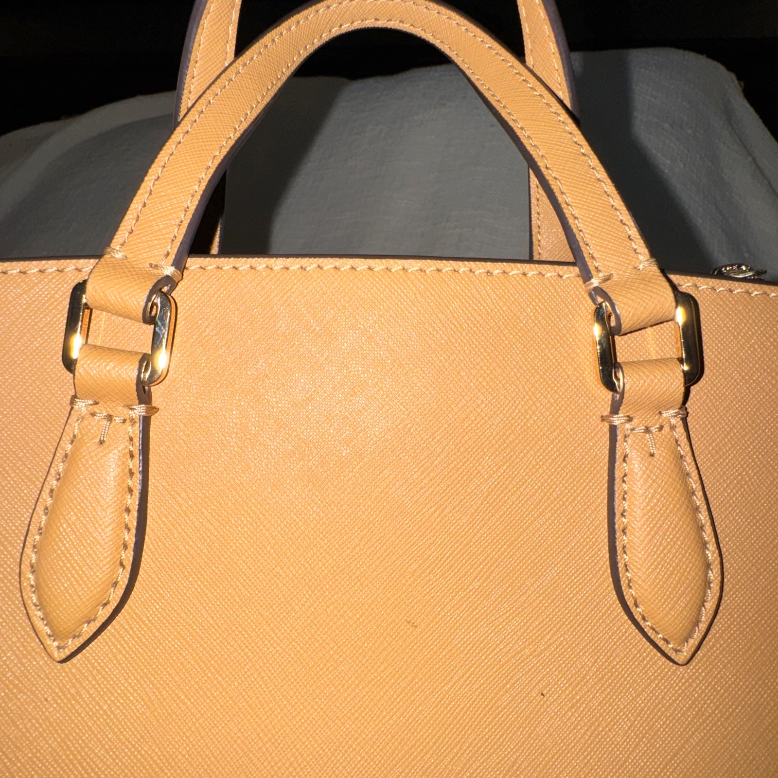 Tory Burch Emerson Small Top Zip Crossbody Saffiano Leather Camel Gold EUC