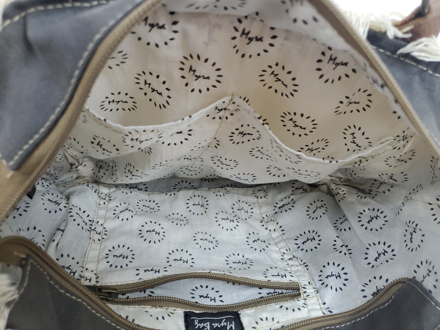 Myra Bag Scroll Print Canvas Fringe Buffalo Leather Cowhide Hair Zip Closure