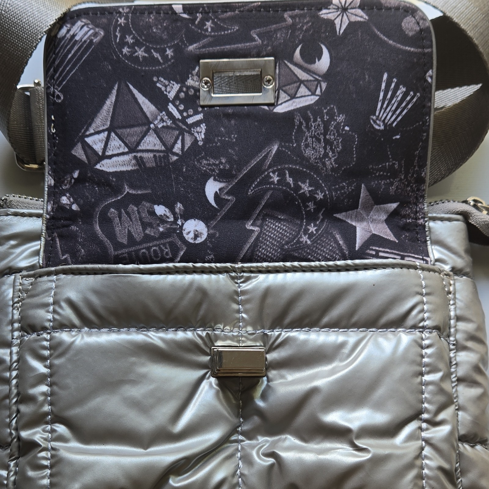 Silver Metallic Quilted Crossbody Bag, Zip Closure, Detachable Strap, Pockets