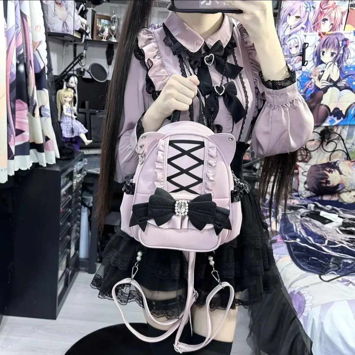 Korean Fashion Y2K Punk Backpack Lace Bow Cat Ear Lotus Lace Decoration Lolita B