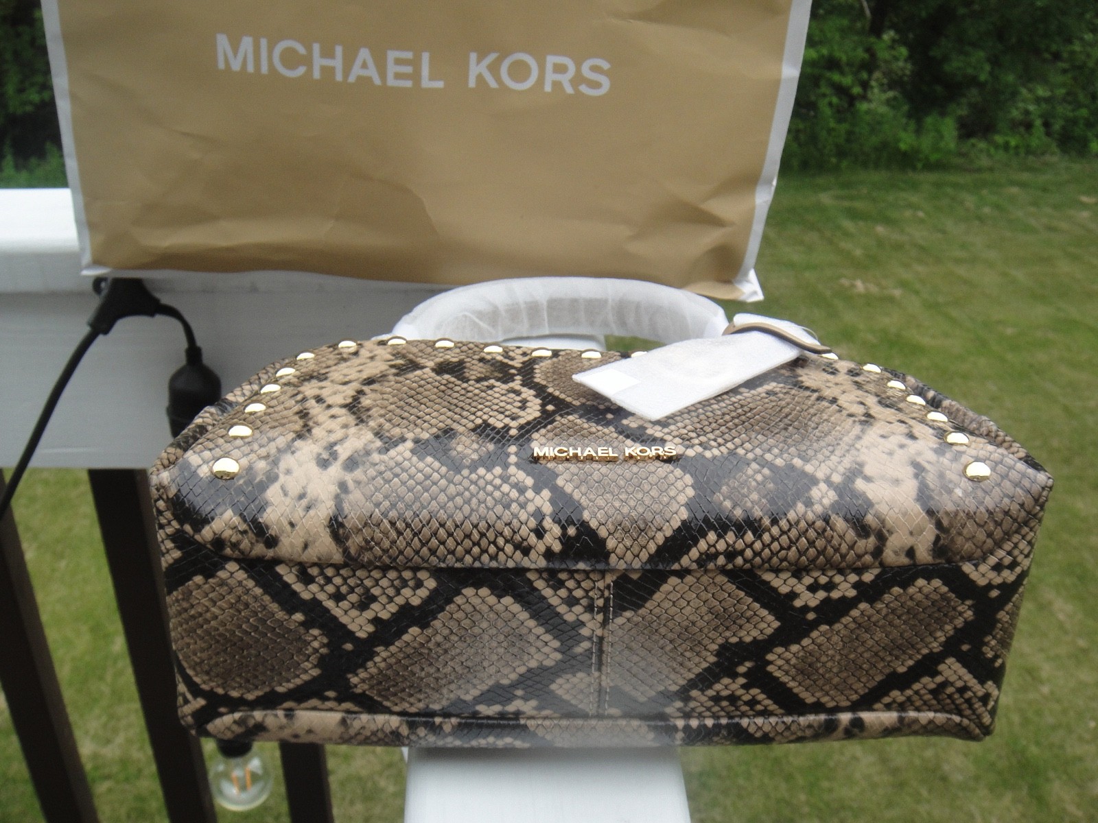 Michael Kors Lady Cecily Small Studded Snake Embossed Shoulder Bag Light Cream