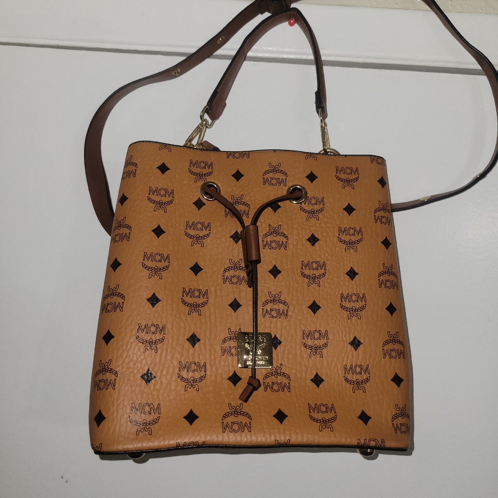 Rare MCM Visetos Cognac Drawstring Bucket Bag Crossbody Shoulder Authentic