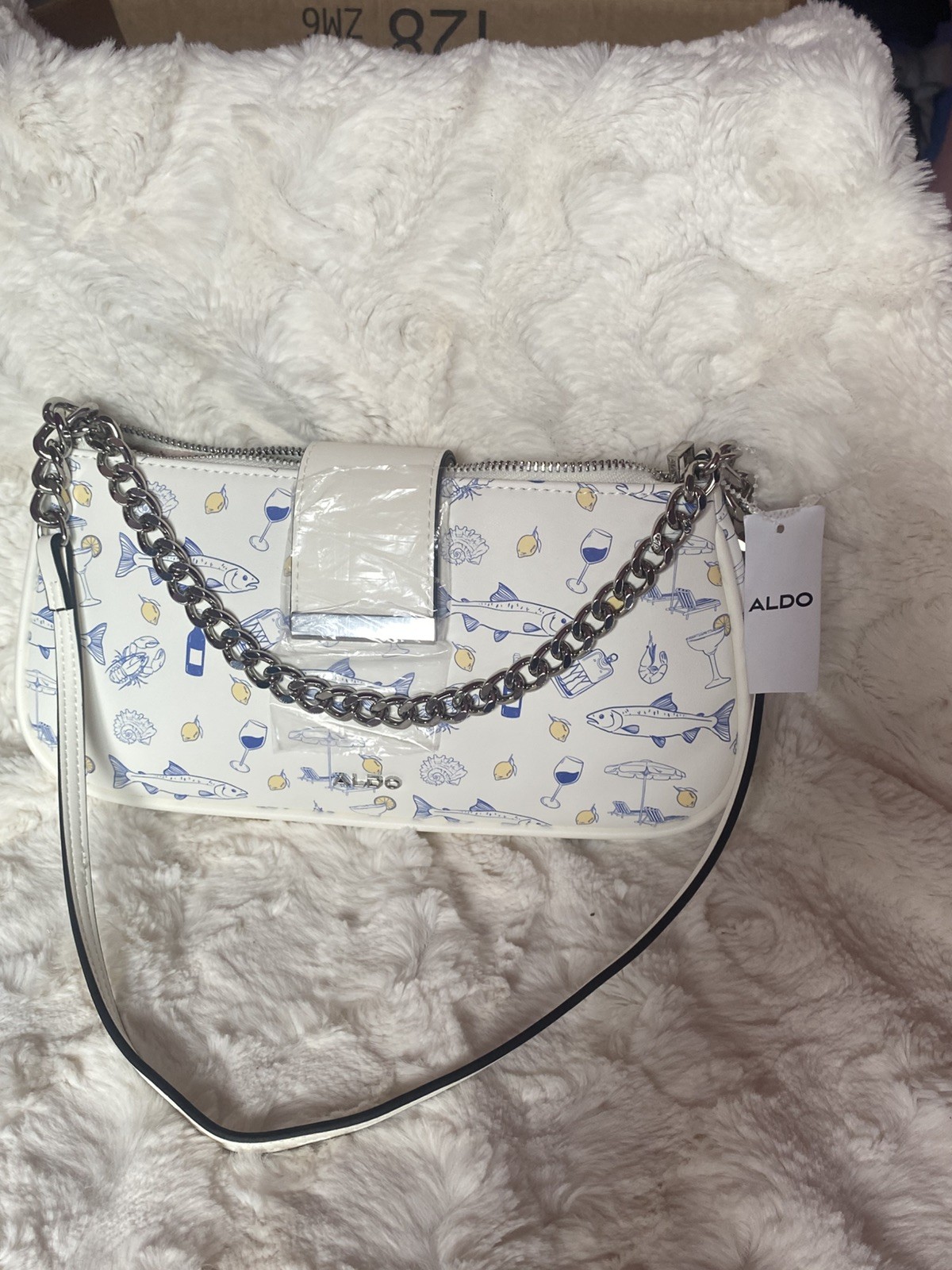 Aldo Euro Summer Shoulder Bag White Blue Beachy Fish Wine Lemon Lobster Coastal