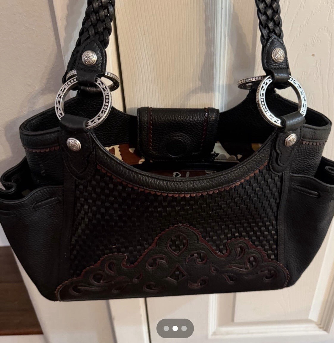 Brighton Black Leather Woven Shoulder Bag Braided Handles Silver Hardware Purse