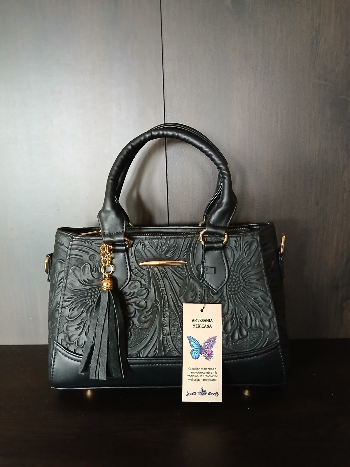 Black Tasseled Floral Embossed Tooled Artisan LEATHER Crossbody bag Purse