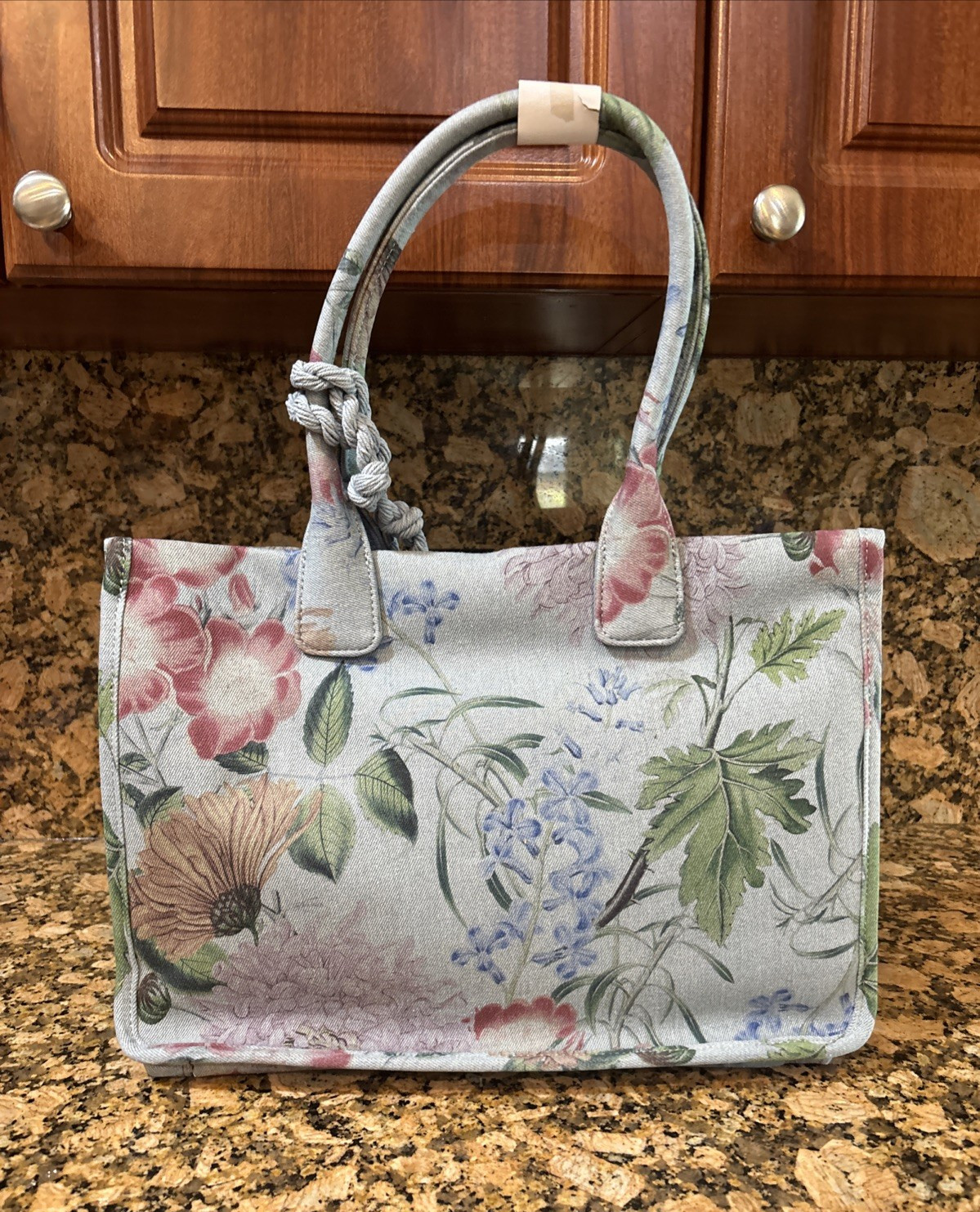NEW Vince Camuto Extra Large Blue Floral Denim Double Handle Canvas Orla Tote