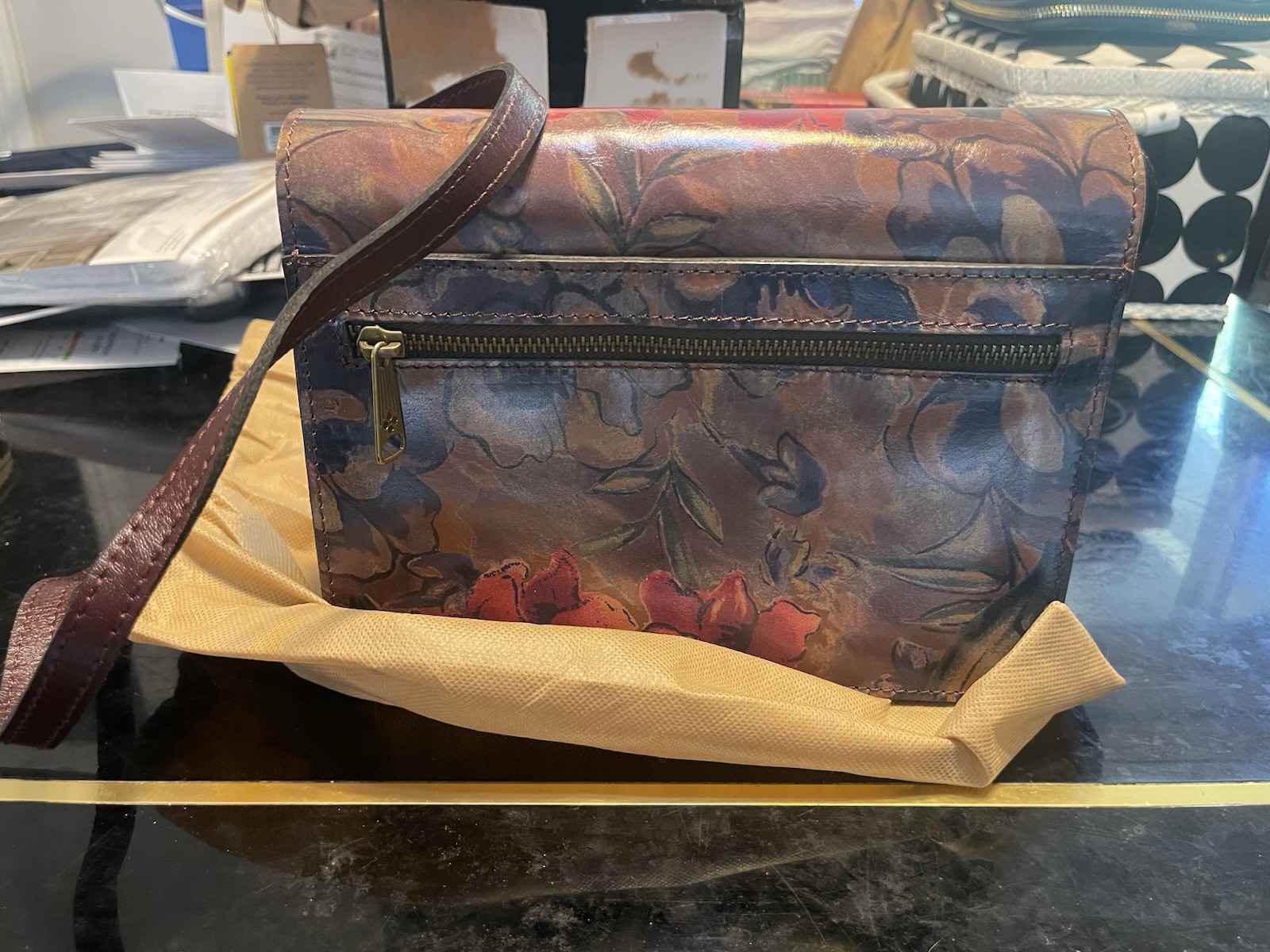 Patricia Nash Floral Crossbody Bag Multicolor Brown Strap Push Lock Zip Gold