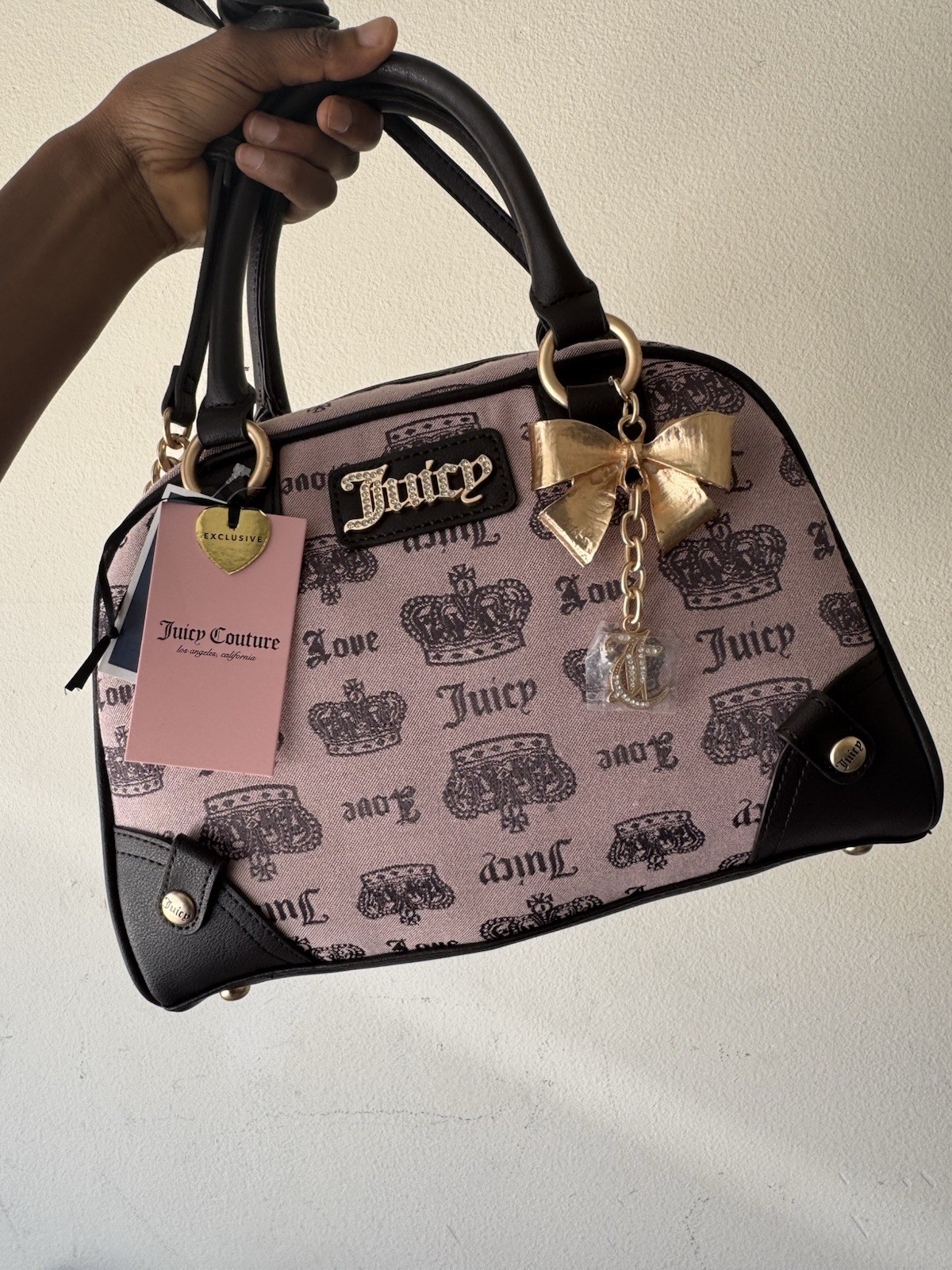 Juicy Couture Pink/Black Logo Satchel Top Handle Medium Zip Bag w/ Charm