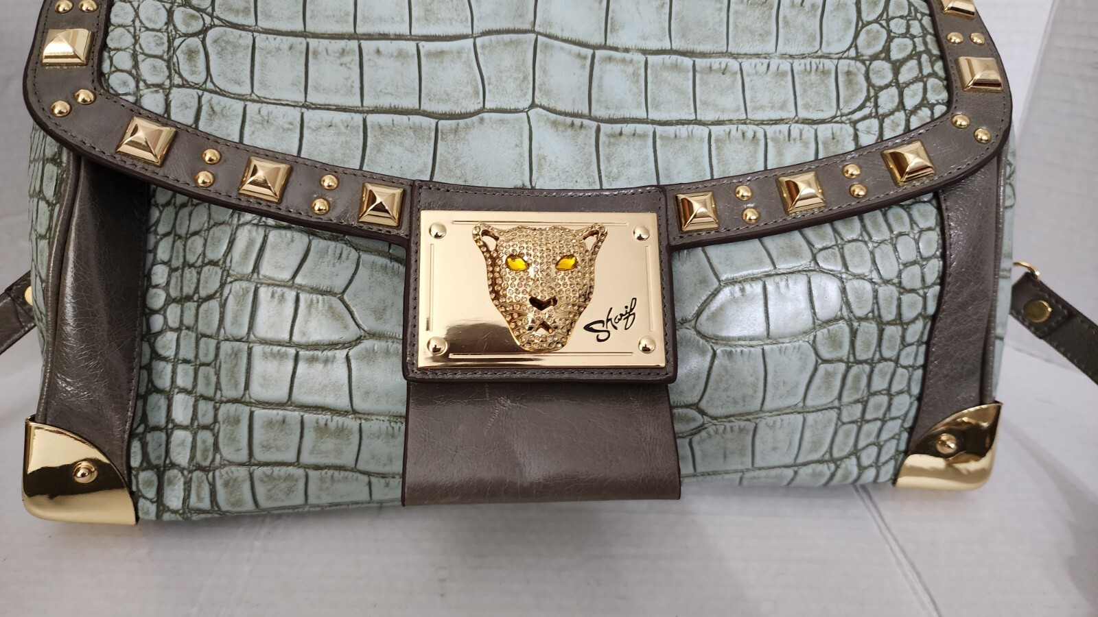 SHARIF Purse Blue and Gray Leather Croc and Studded Satchel Rhinestone Logo