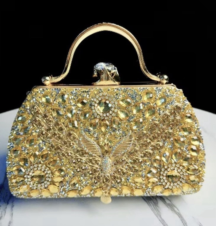 Women’s Gold Rectangle Clutch Rhinestone Crystal Clasp, Detach Strap