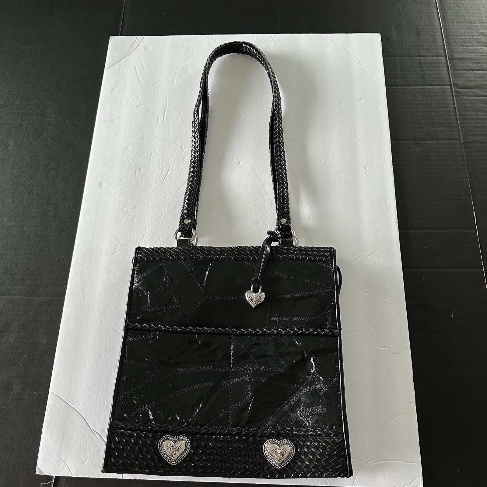 Black Faux Leather Satchel Purse Black Polyester Interior Heart Bag Tag